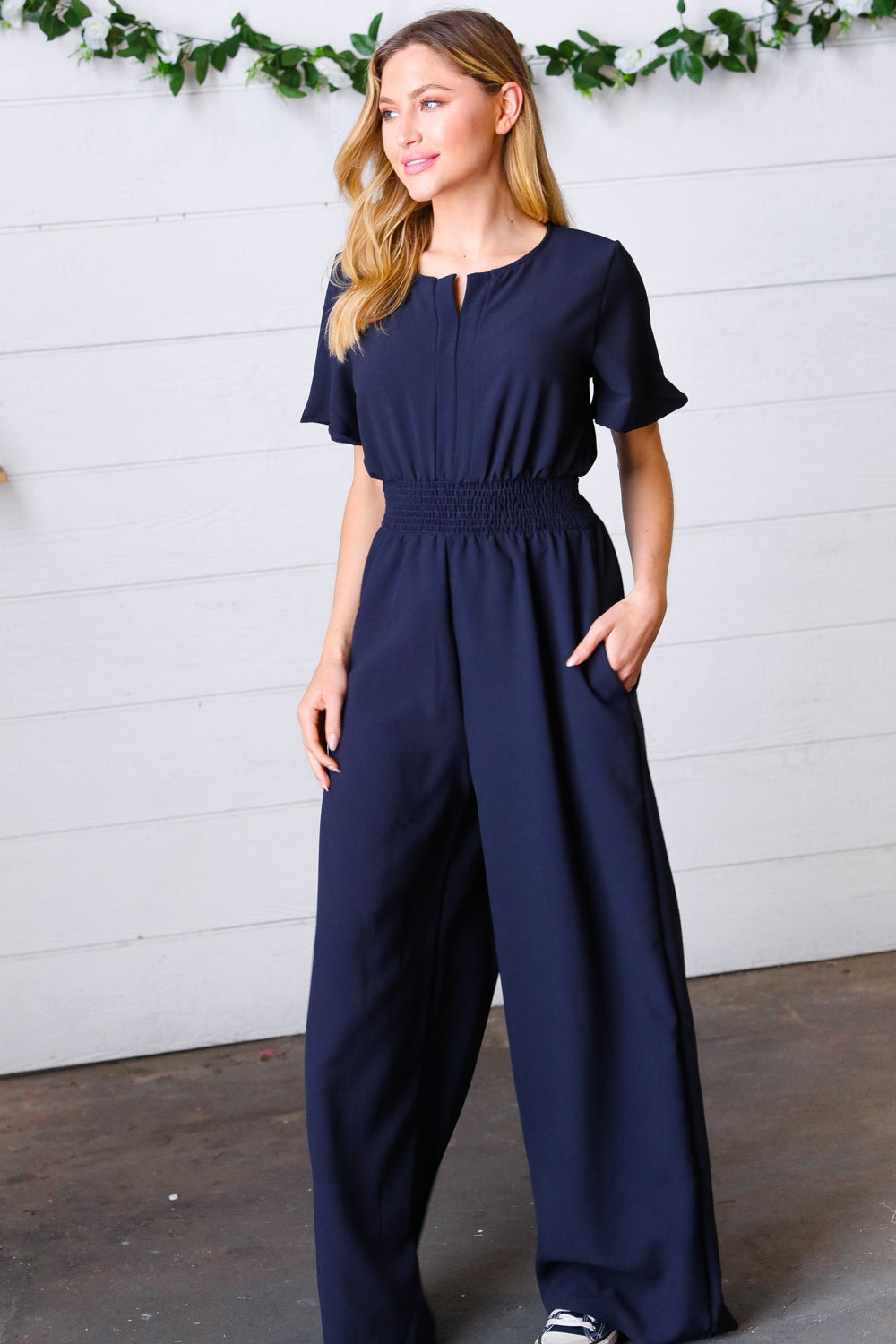 Haptics Dark Blue Smocked Waist Notch Neck Crepe Jumpsuit Final Sale