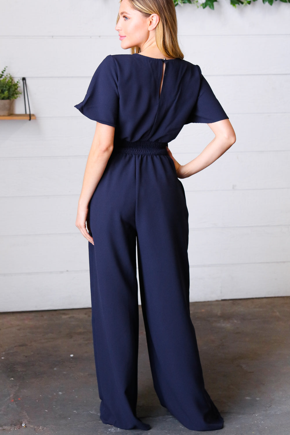 Haptics Dark Blue Smocked Waist Notch Neck Crepe Jumpsuit Final Sale