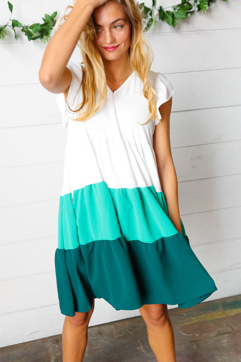 Haptics Seafoam & Emerald Tiered Frill Sleeve Midi Dress Final Sale