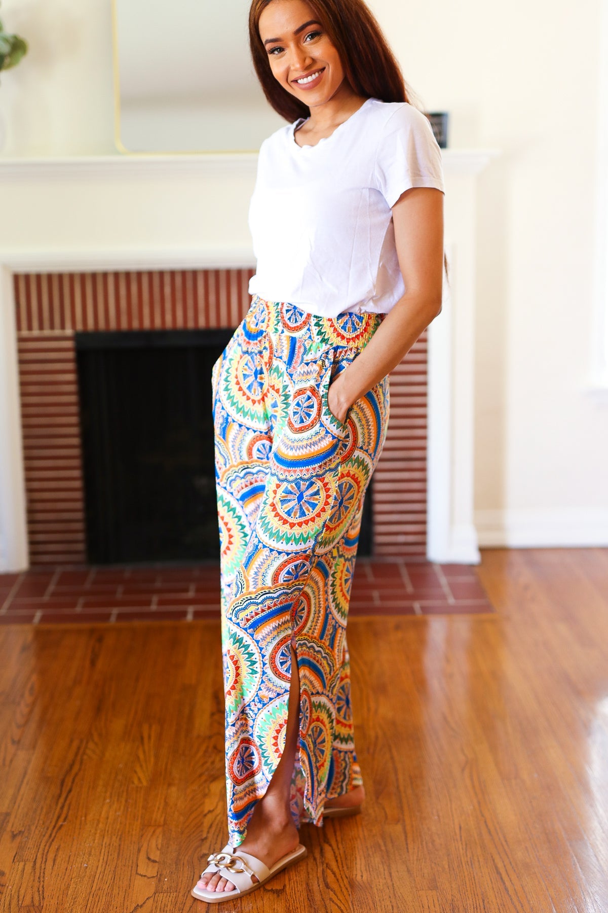 And The Why Multicolor Mandala Smocked Waist Side Slit Palazzo Pants Final Sale