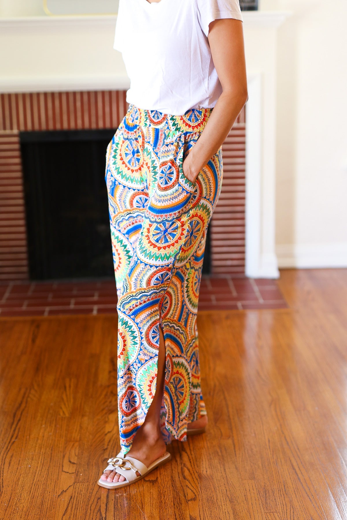 And The Why Multicolor Mandala Smocked Waist Side Slit Palazzo Pants Final Sale