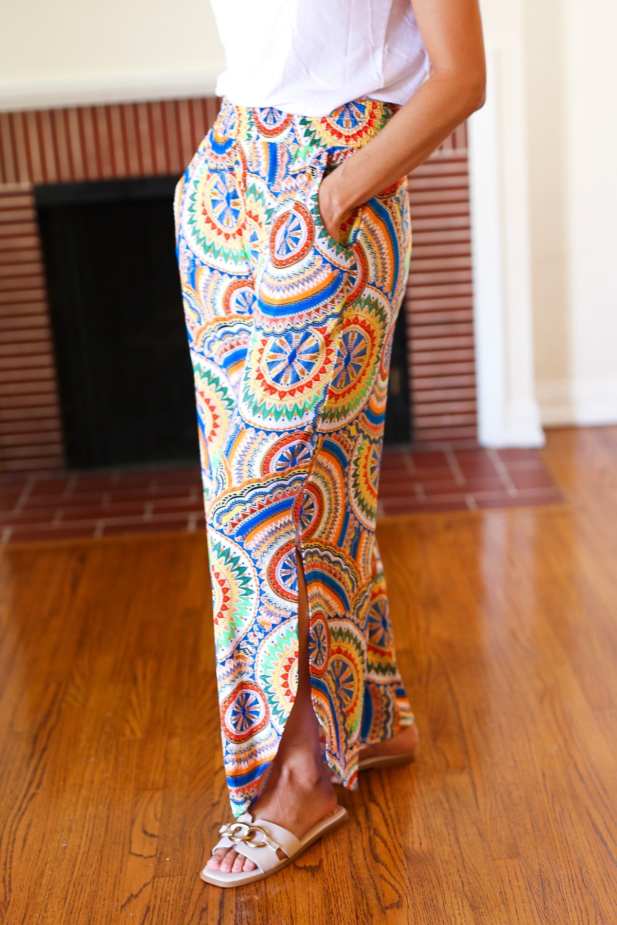 And The Why Multicolor Mandala Smocked Waist Side Slit Palazzo Pants Final Sale