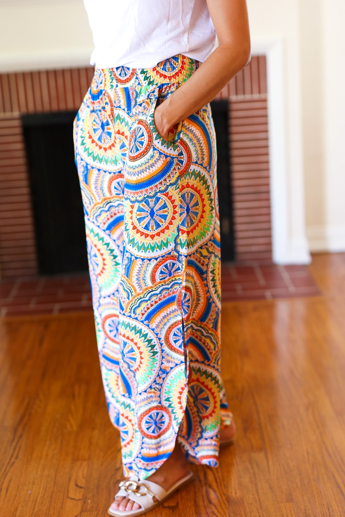 And The Why Multicolor Mandala Smocked Waist Side Slit Palazzo Pants Final Sale