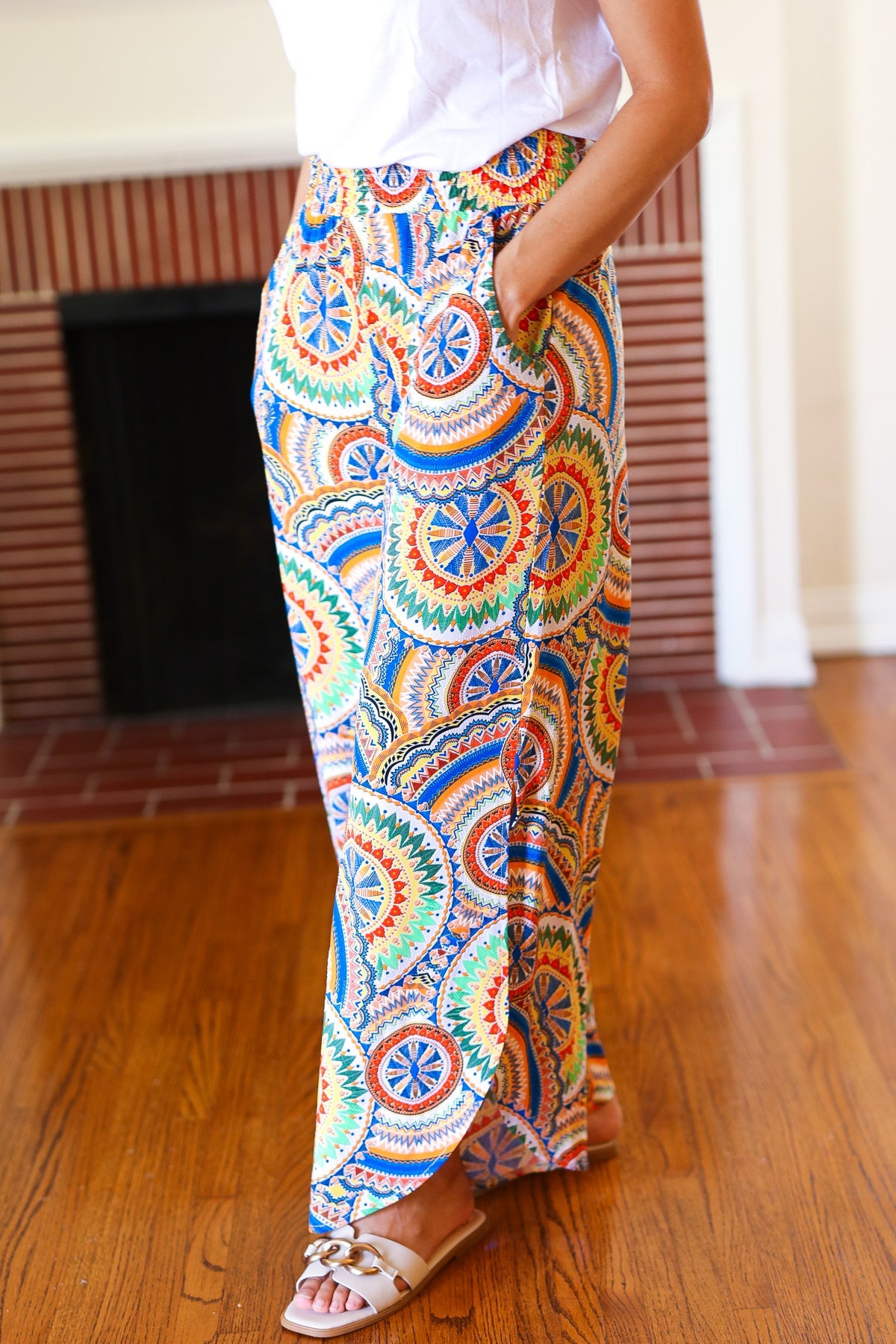 And The Why Multicolor Mandala Smocked Waist Side Slit Palazzo Pants Final Sale