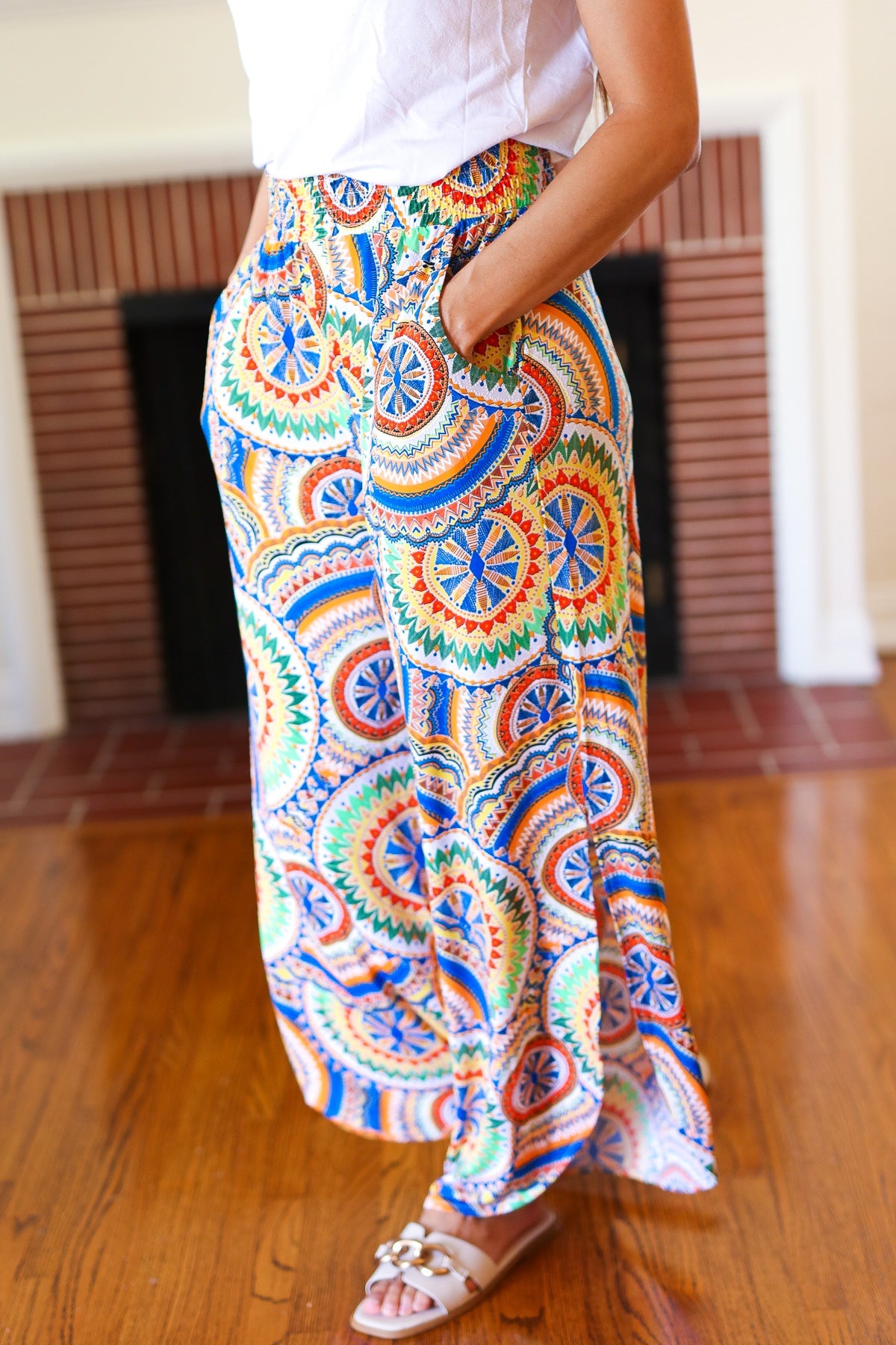 And The Why Multicolor Mandala Smocked Waist Side Slit Palazzo Pants Final Sale