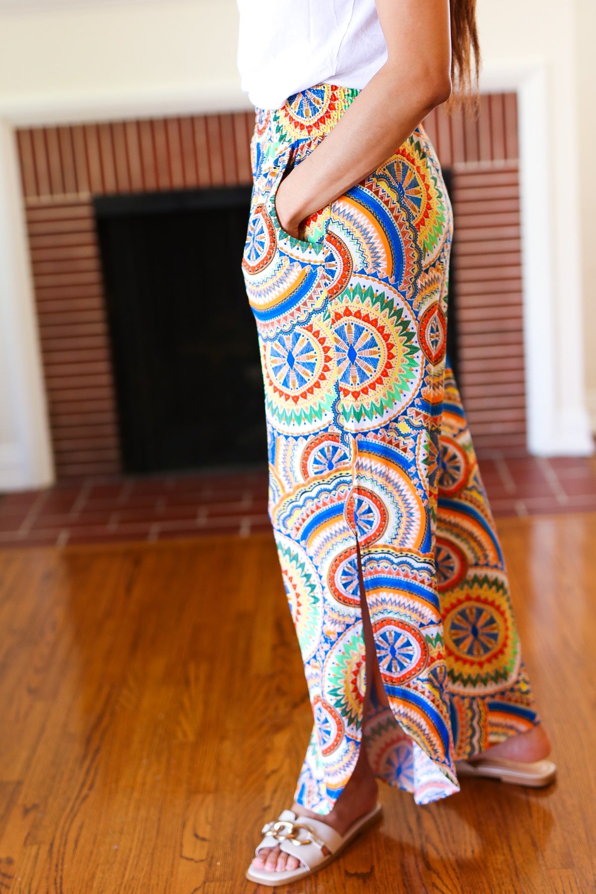 And The Why Multicolor Mandala Smocked Waist Side Slit Palazzo Pants Final Sale