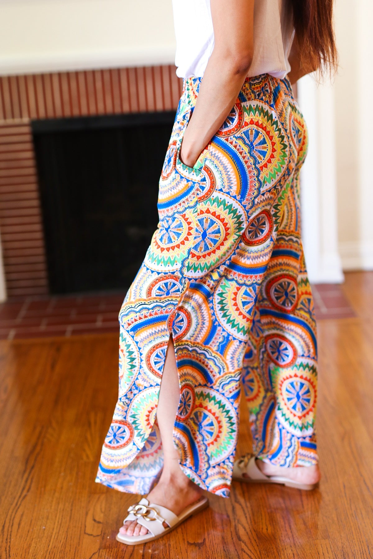 And The Why Multicolor Mandala Smocked Waist Side Slit Palazzo Pants Final Sale