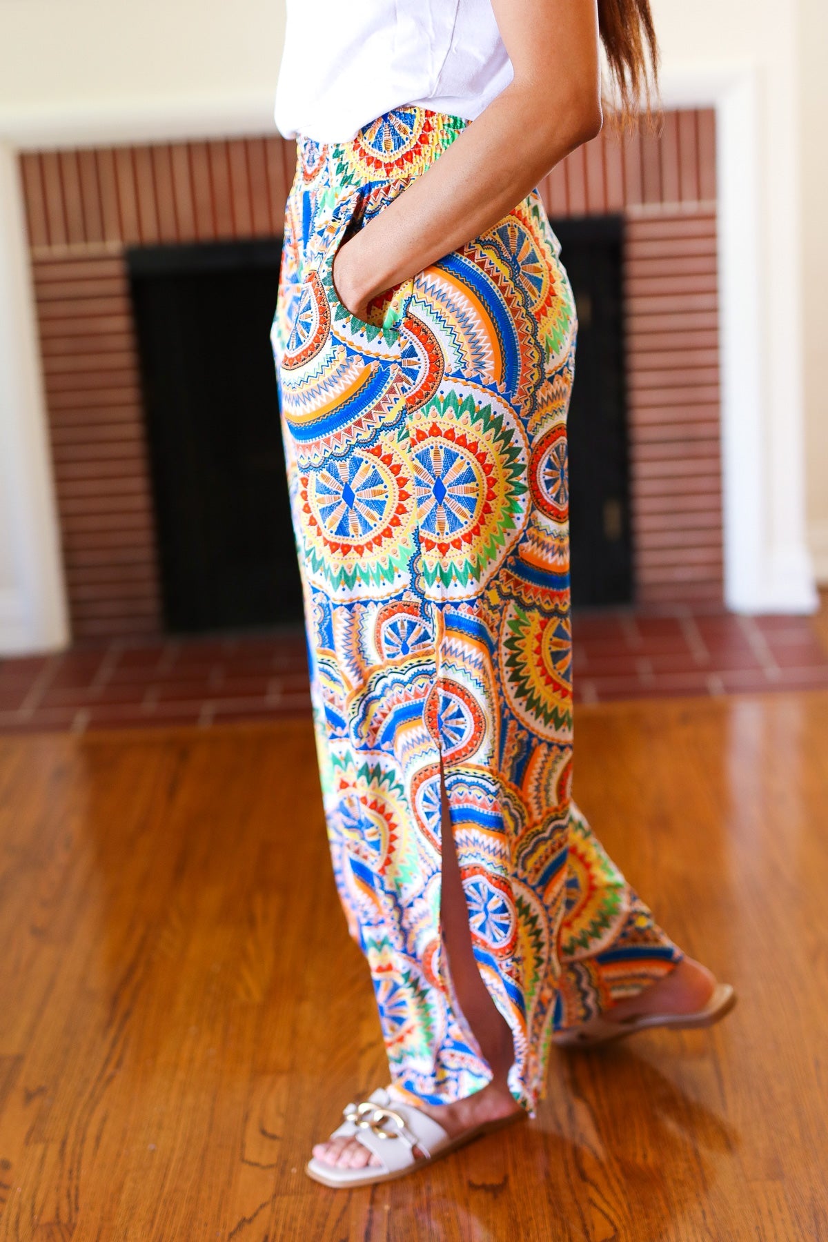 And The Why Multicolor Mandala Smocked Waist Side Slit Palazzo Pants Final Sale