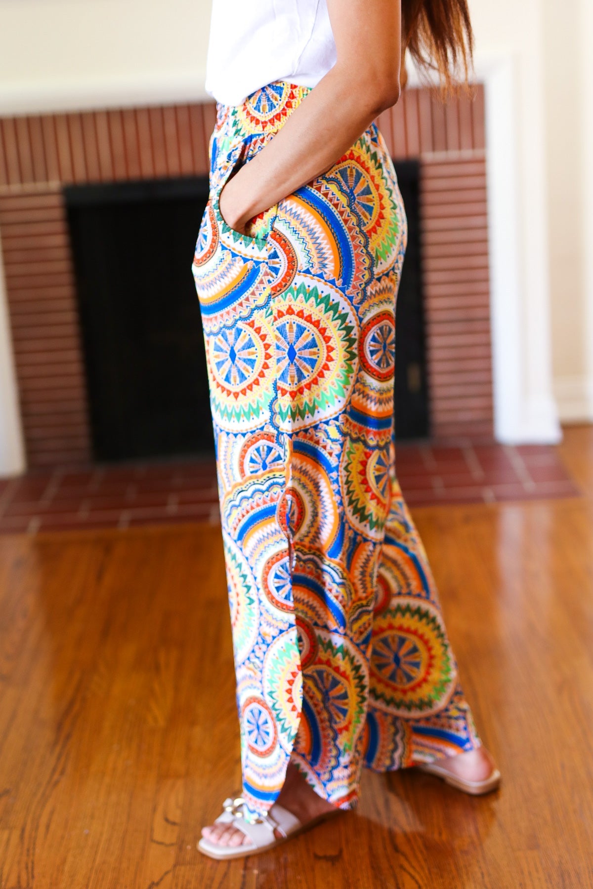 And The Why Multicolor Mandala Smocked Waist Side Slit Palazzo Pants Final Sale