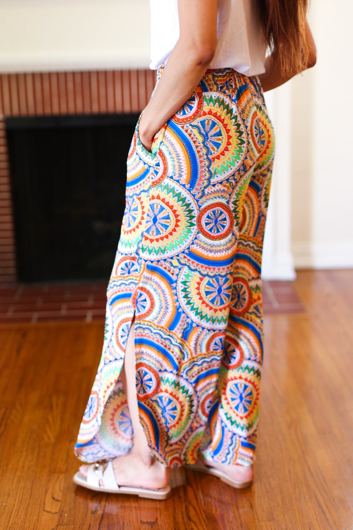 And The Why Multicolor Mandala Smocked Waist Side Slit Palazzo Pants Final Sale