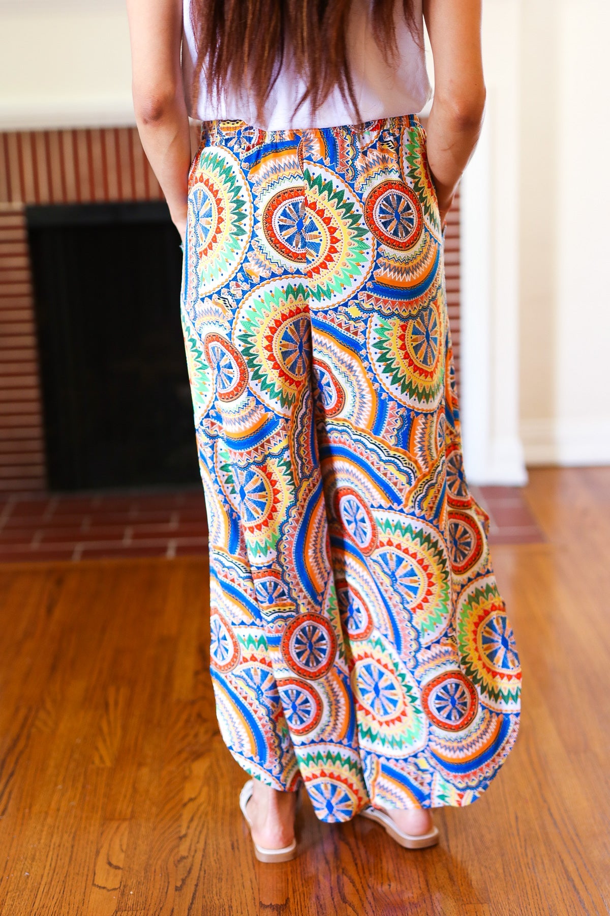 And The Why Multicolor Mandala Smocked Waist Side Slit Palazzo Pants Final Sale