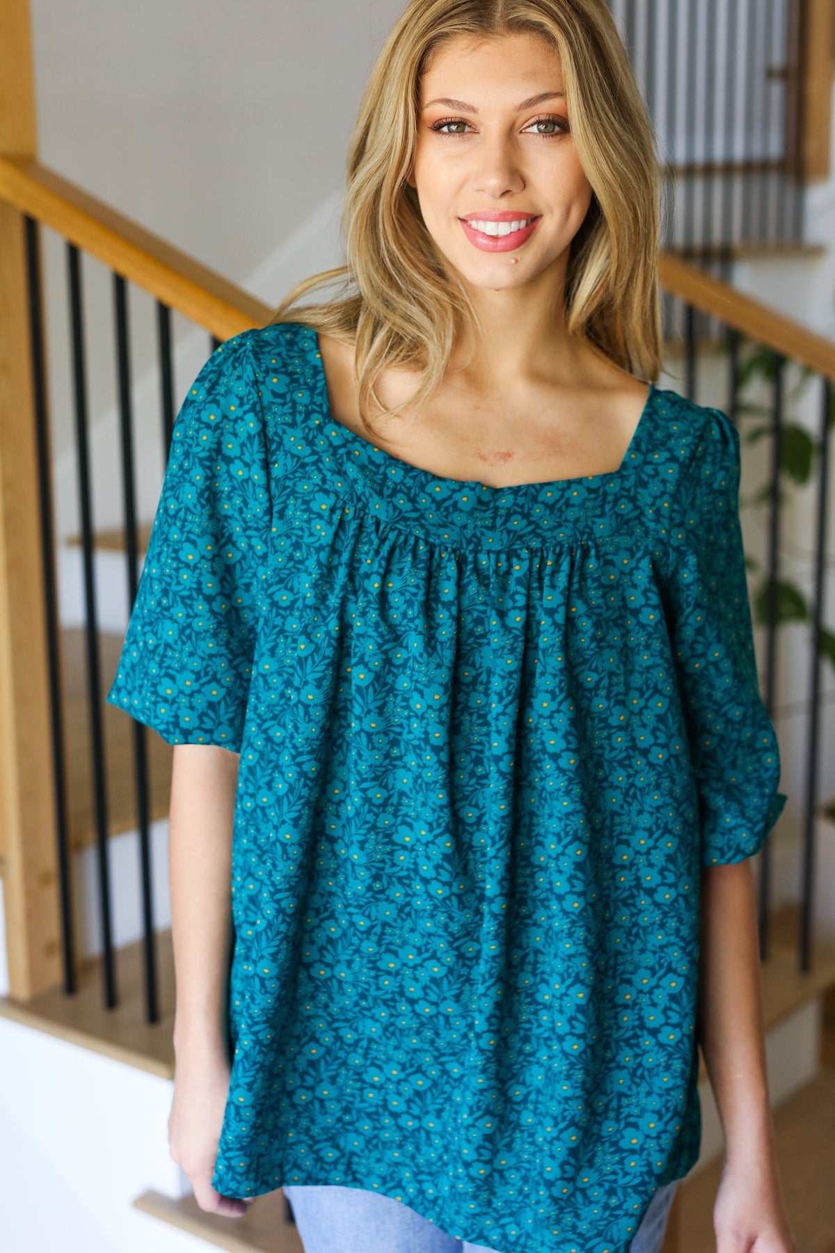 Haptics Teal Floral Three Quarter Sleeve Square Neck Top