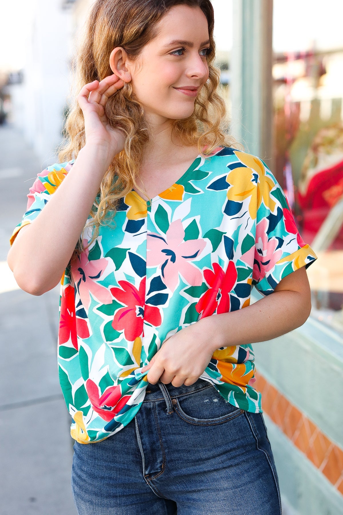 Haptics Teal & Coral Flat Floral V Neck Top