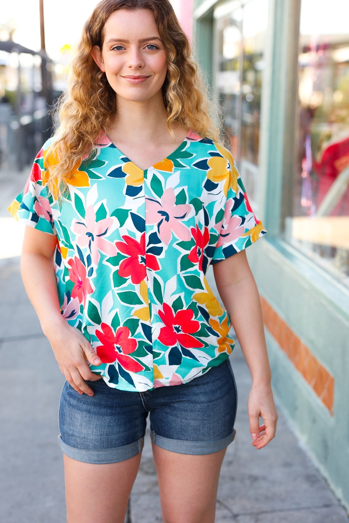 Haptics Teal & Coral Flat Floral V Neck Top