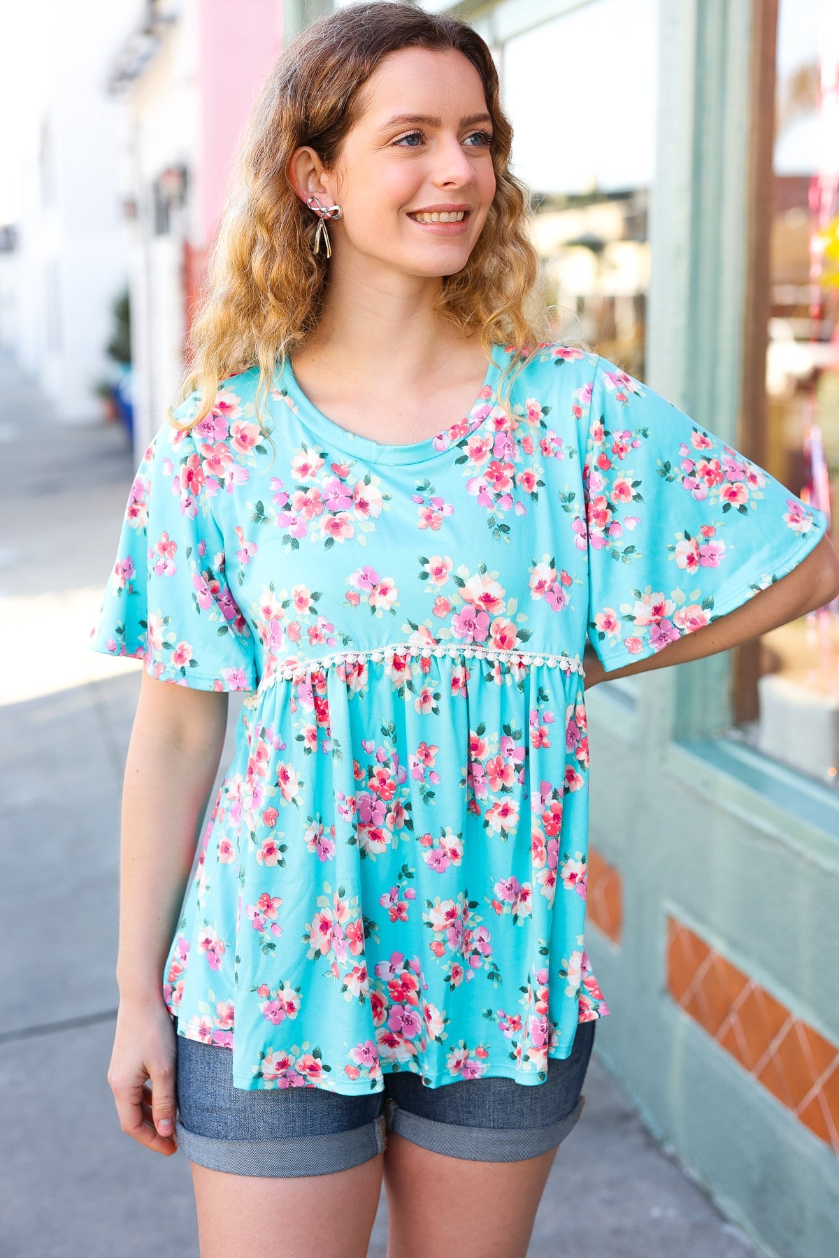 Haptics Sky Blue Three-Quarter Sleeve Floral Peplum Babydoll Top