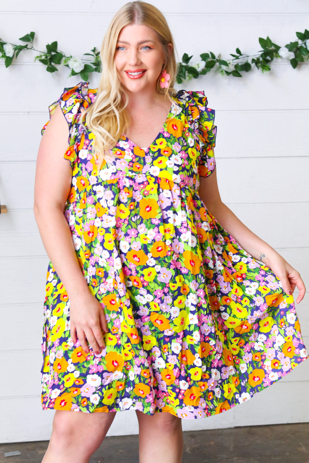 Haptics Indigo & Lemon Floral Babydoll Ruffle Dress Final Sale