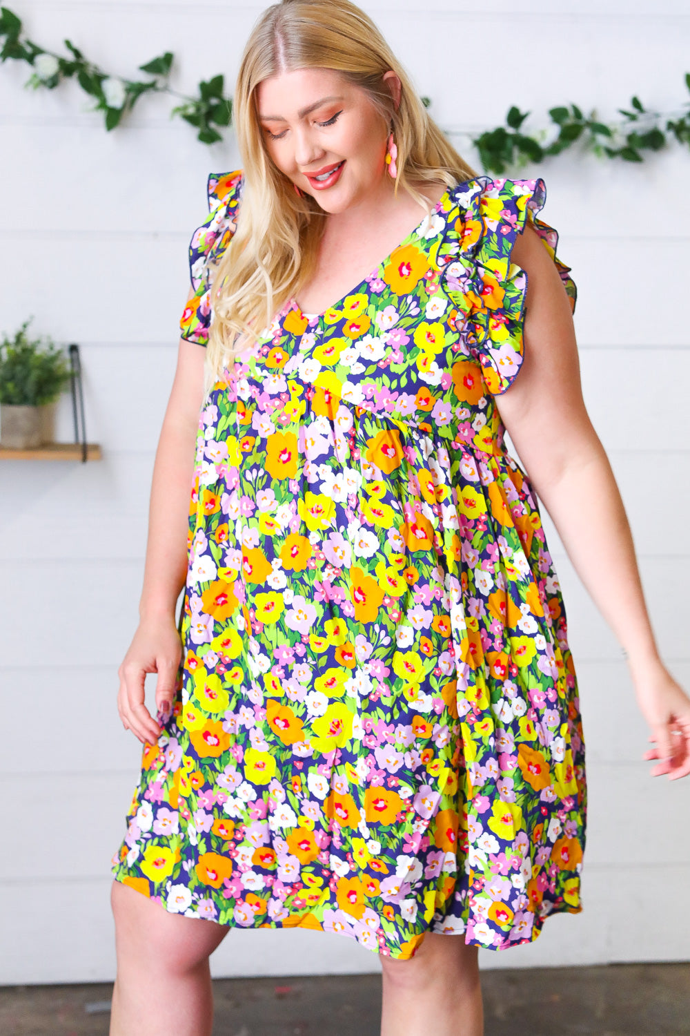 Haptics Indigo & Lemon Floral Babydoll Ruffle Dress Final Sale
