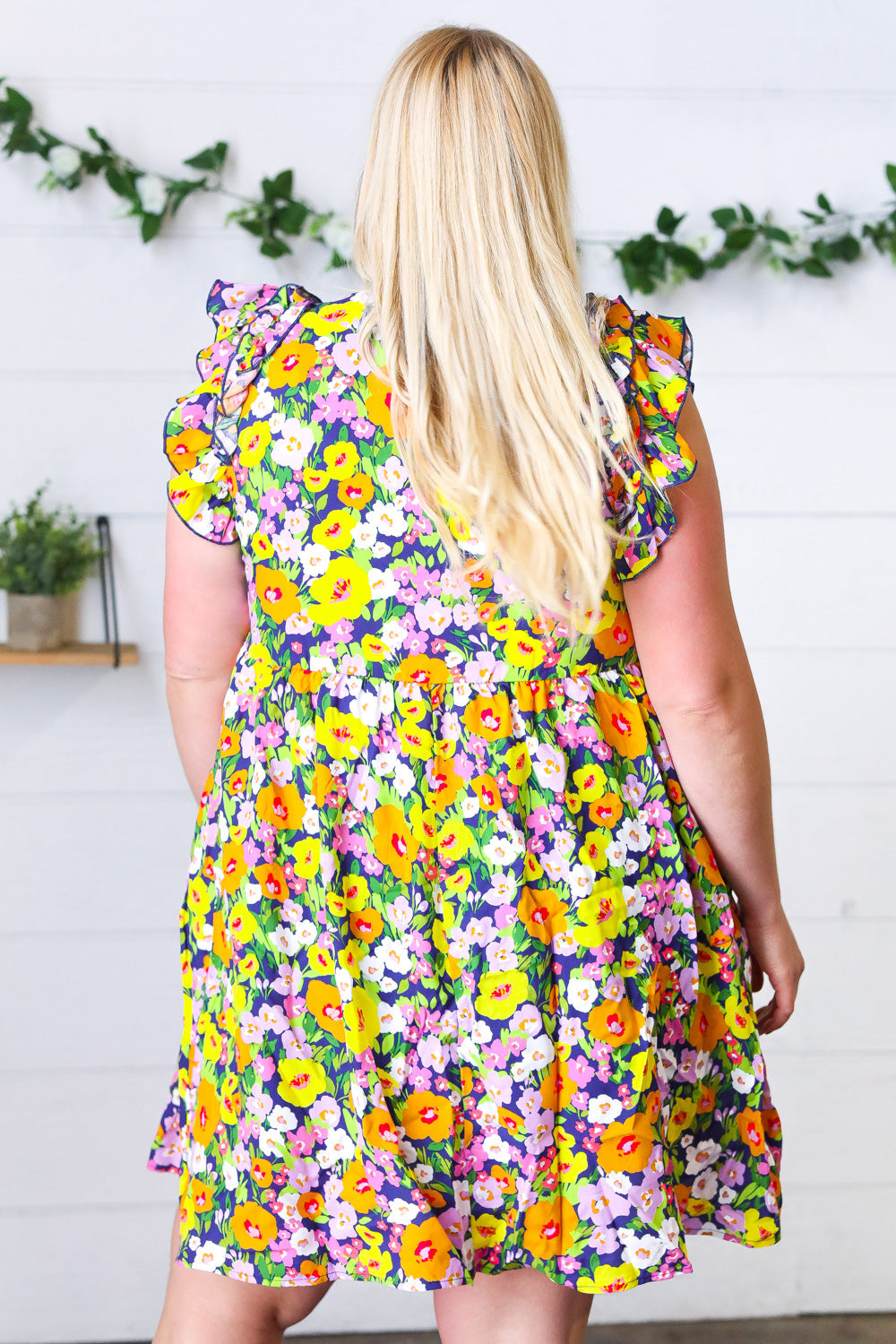 Haptics Indigo & Lemon Floral Babydoll Ruffle Dress Final Sale