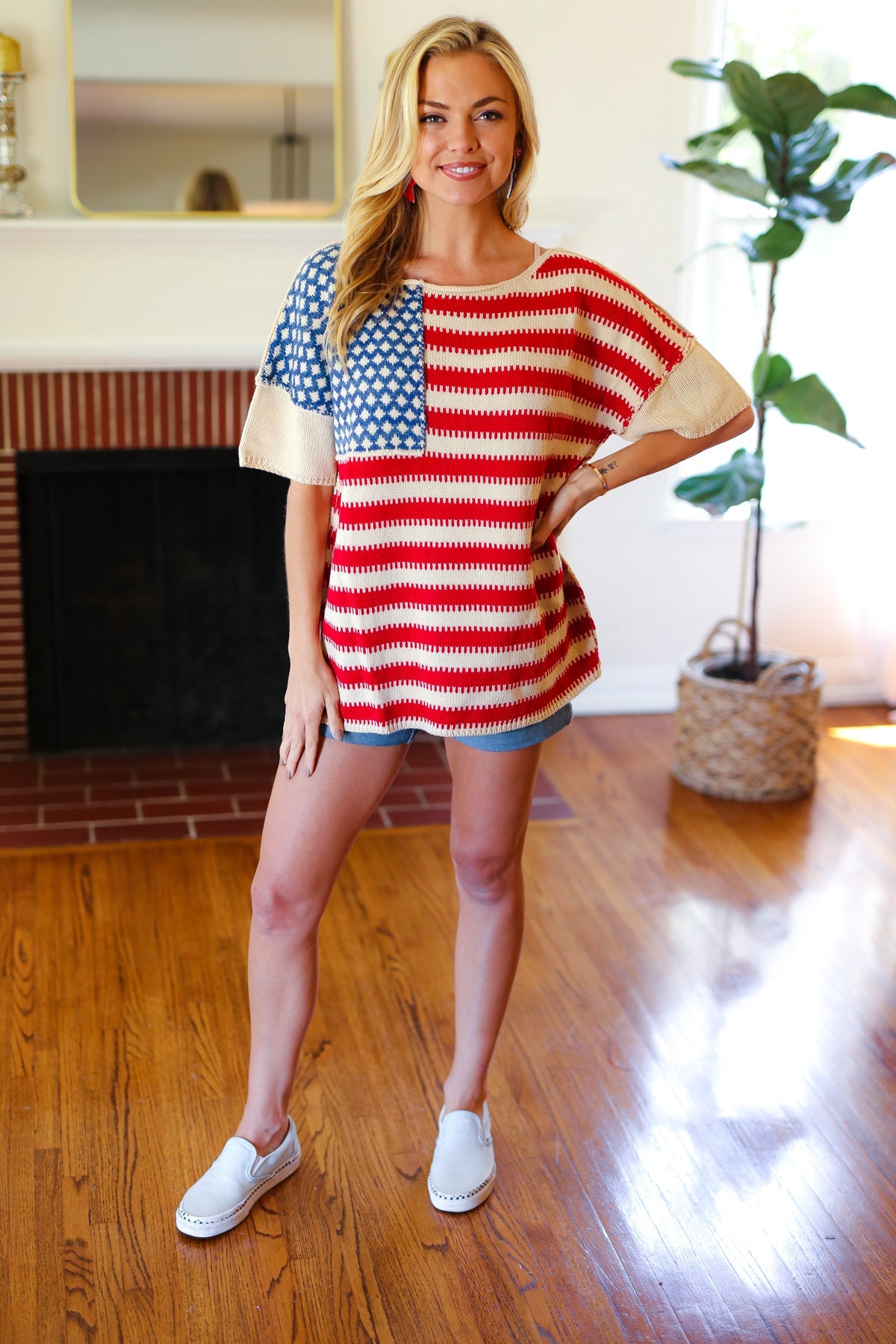 Haptics American Flag Jacquard Knit Sweater Top Final Sale