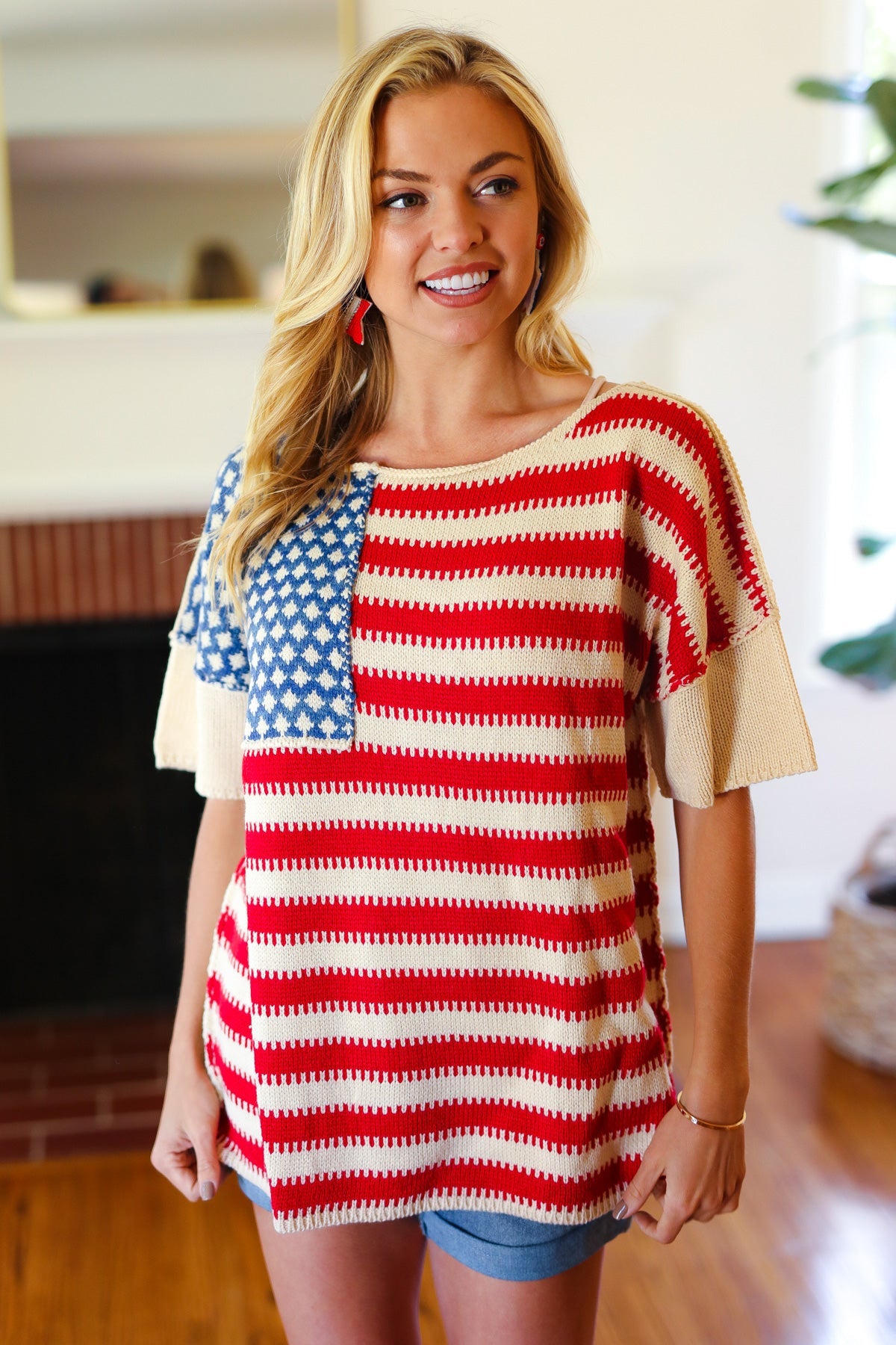 Haptics American Flag Jacquard Knit Sweater Top Final Sale