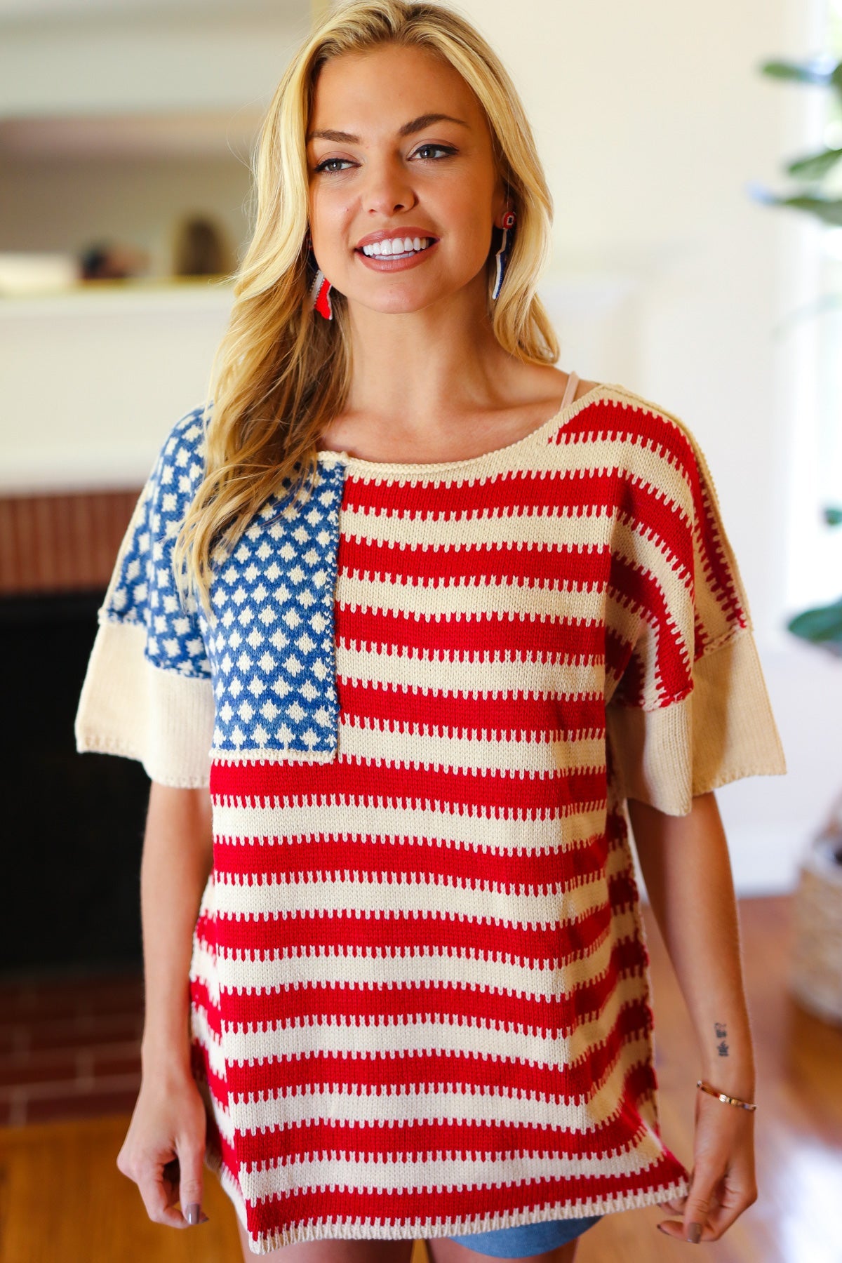 Haptics American Flag Jacquard Knit Sweater Top Final Sale