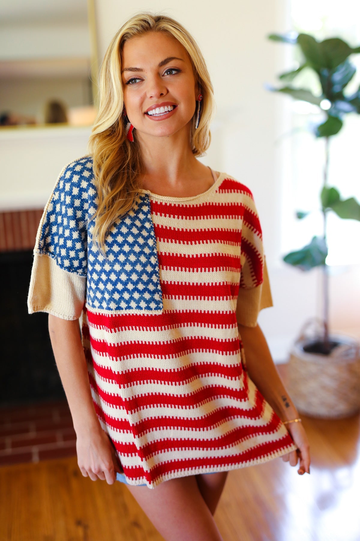 Haptics American Flag Jacquard Knit Sweater Top Final Sale