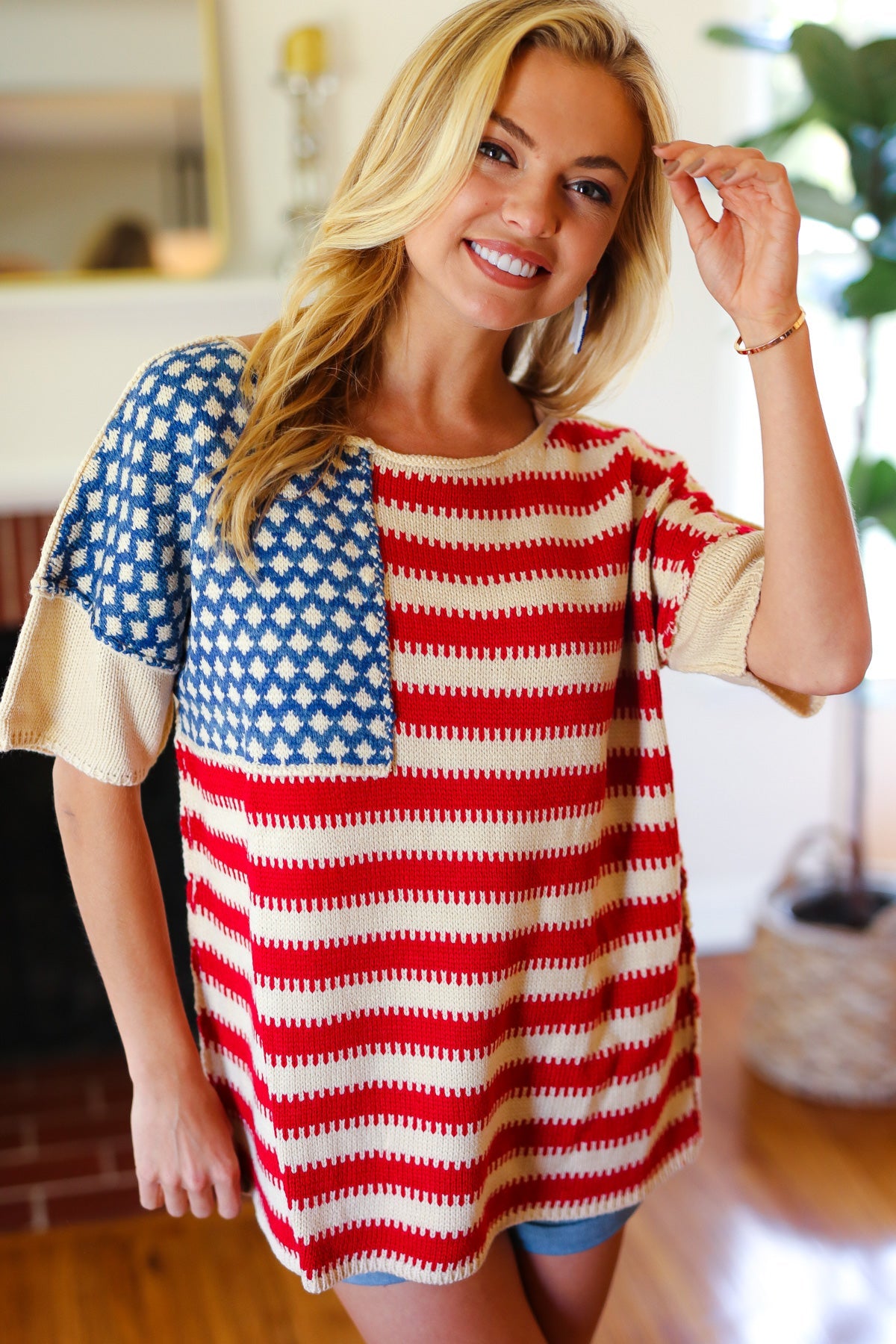 Haptics American Flag Jacquard Knit Sweater Top Final Sale