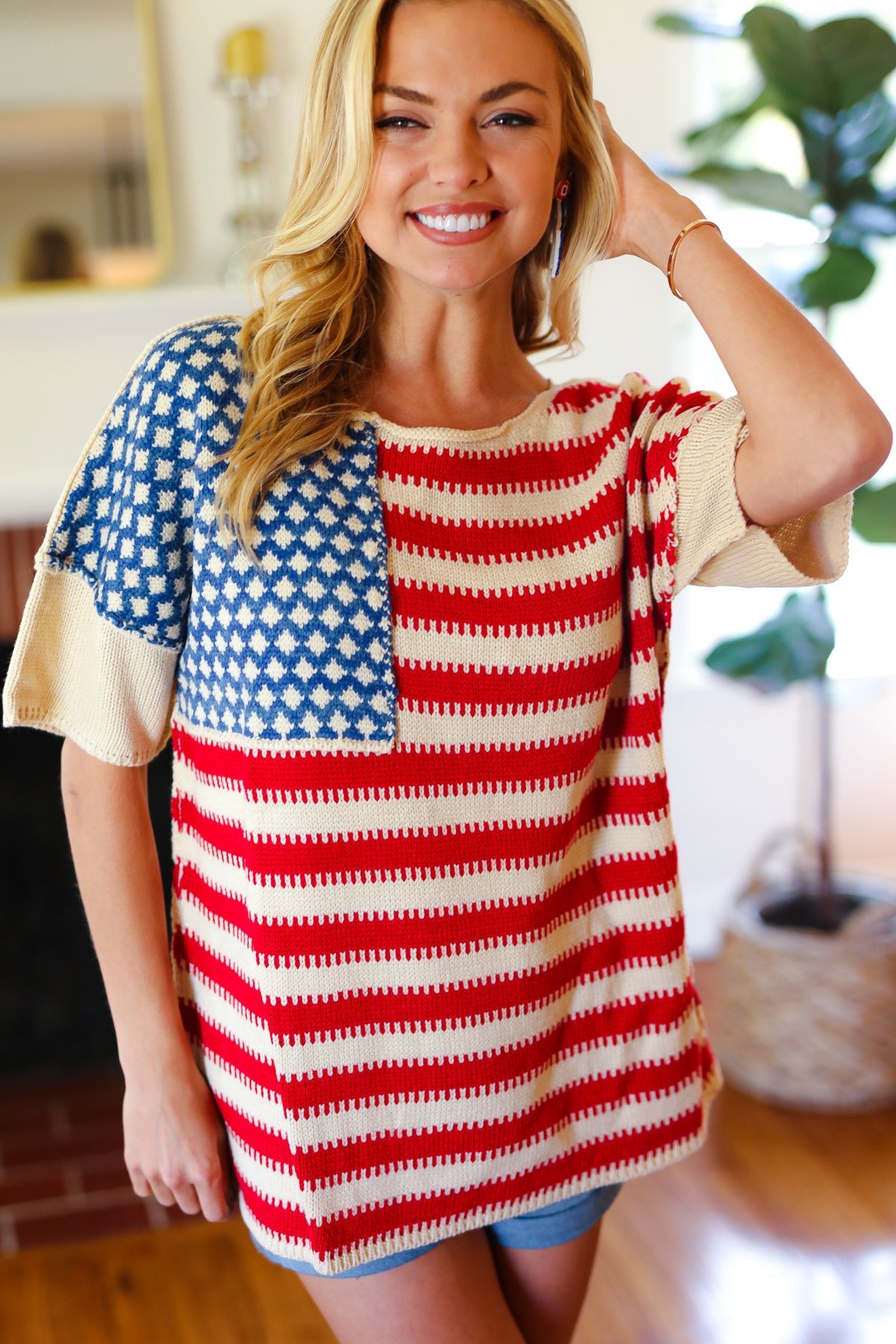 Haptics American Flag Jacquard Knit Sweater Top Final Sale