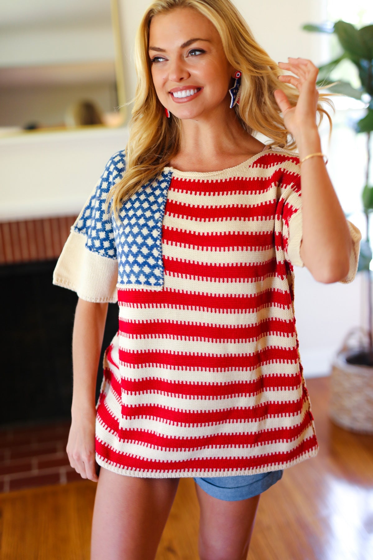 Haptics American Flag Jacquard Knit Sweater Top Final Sale