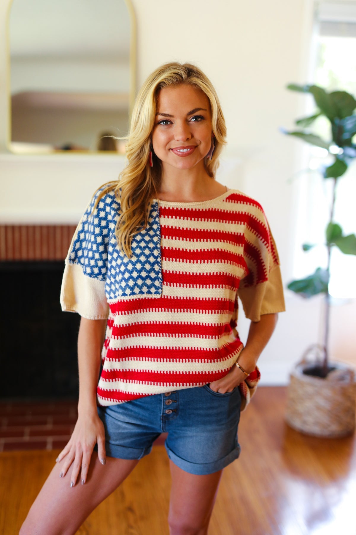 Haptics American Flag Jacquard Knit Sweater Top Final Sale