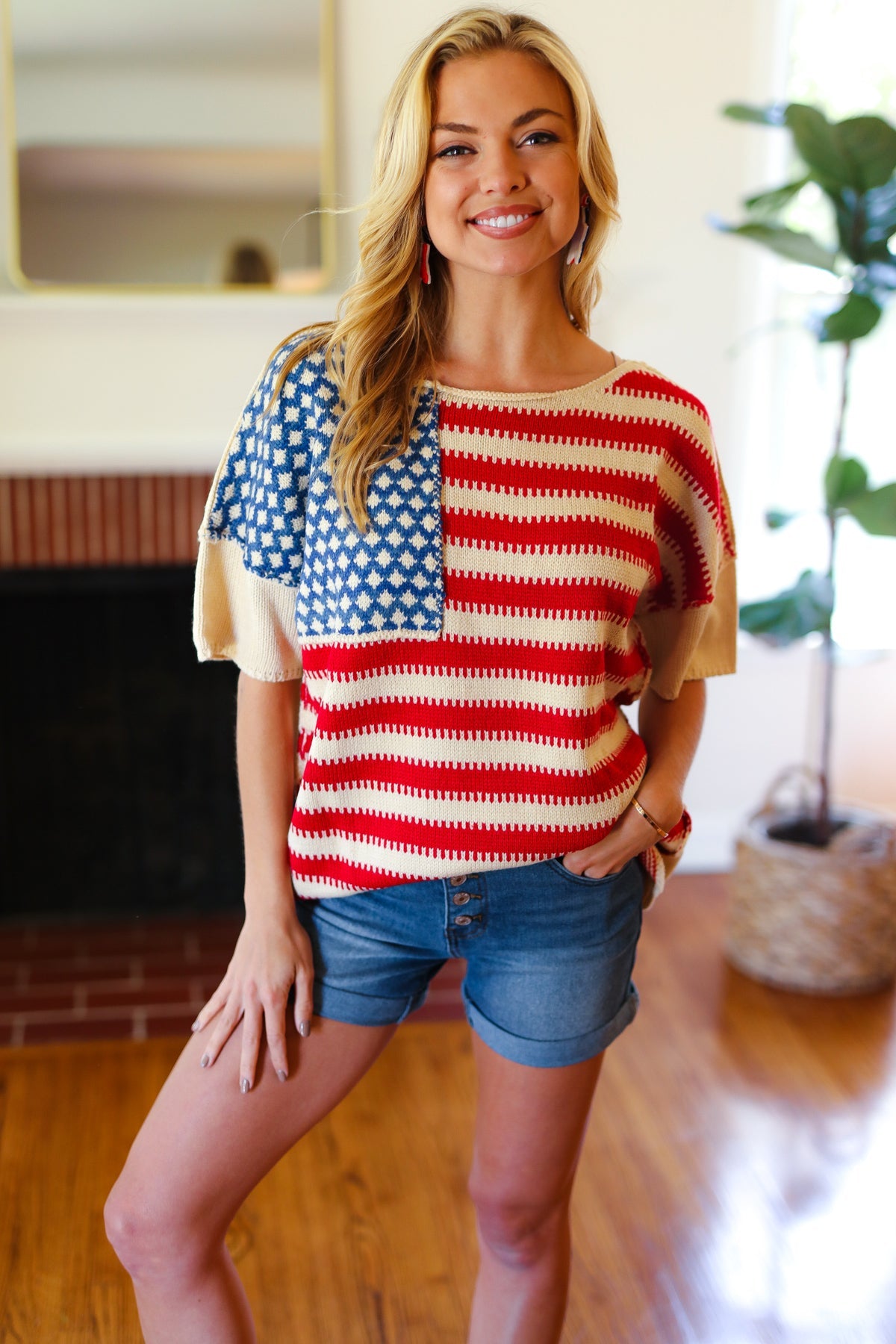 Haptics American Flag Jacquard Knit Sweater Top Final Sale