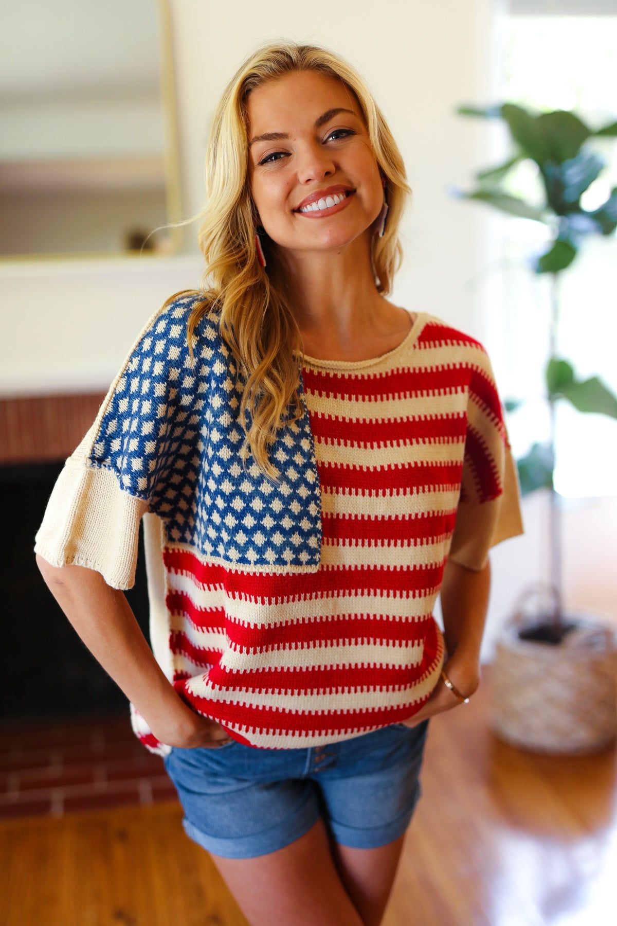 Haptics American Flag Jacquard Knit Sweater Top Final Sale