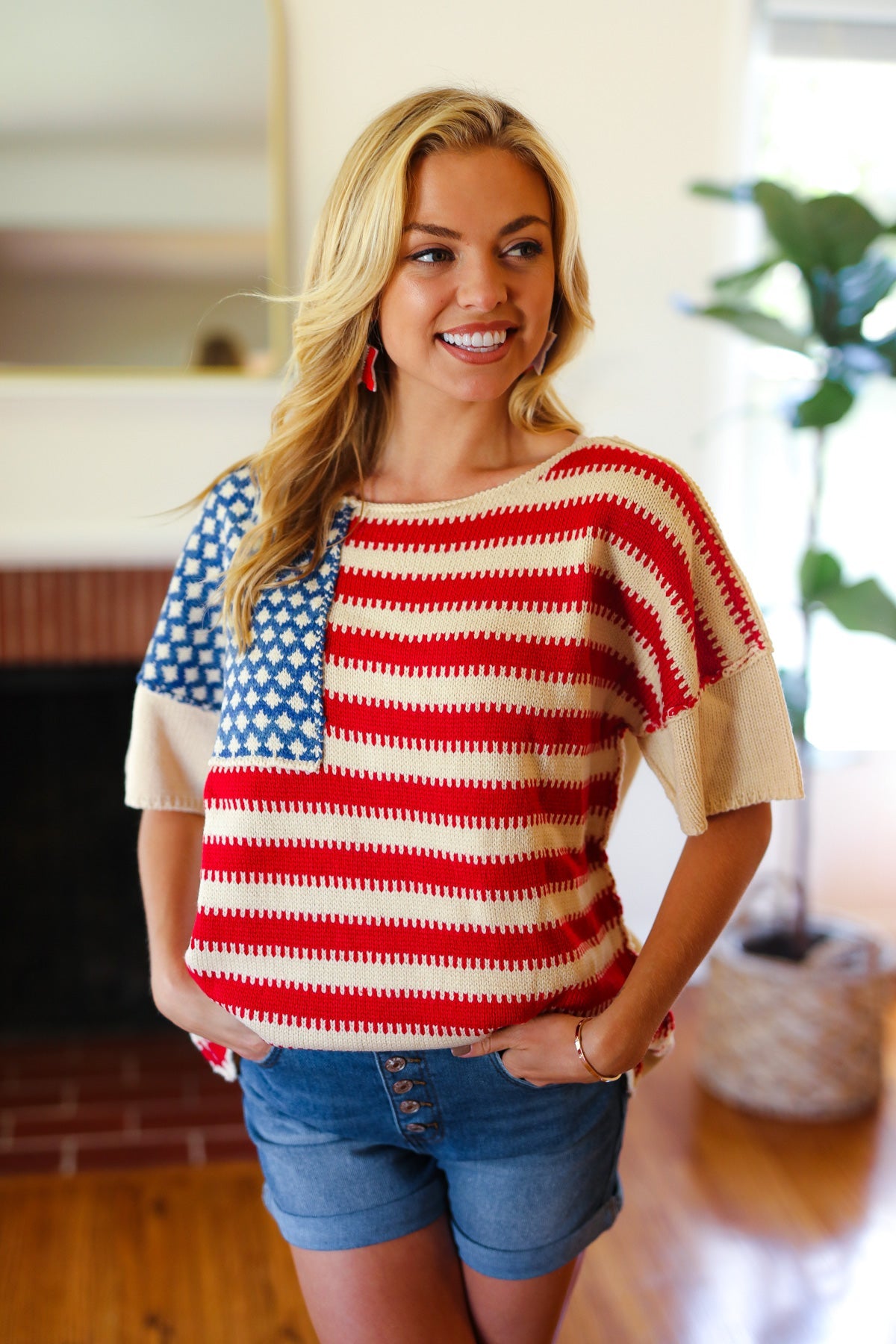 Haptics American Flag Jacquard Knit Sweater Top Final Sale