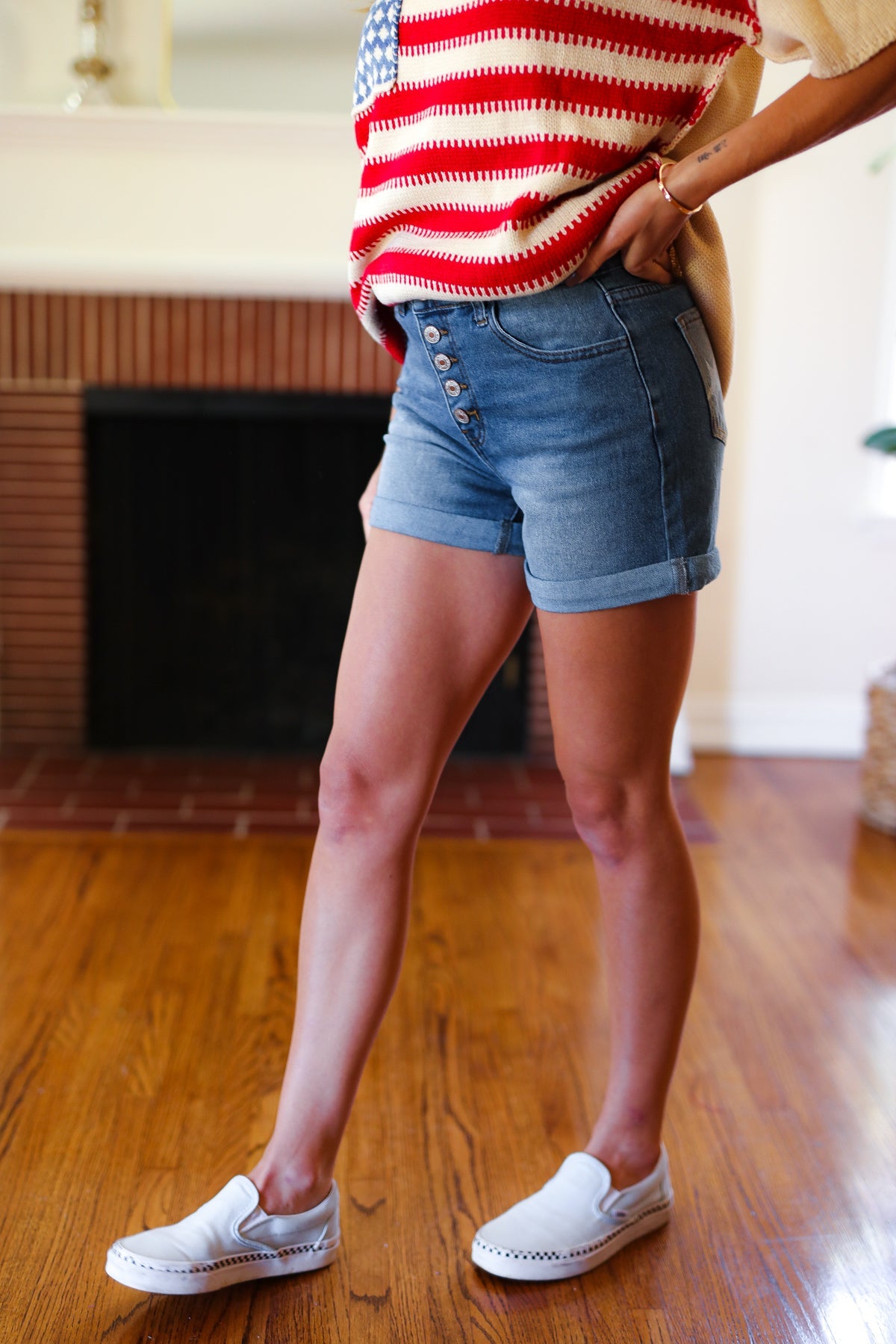 Haptics Stars & Stripes Pocket Button Down Cuffed Hem Shorts