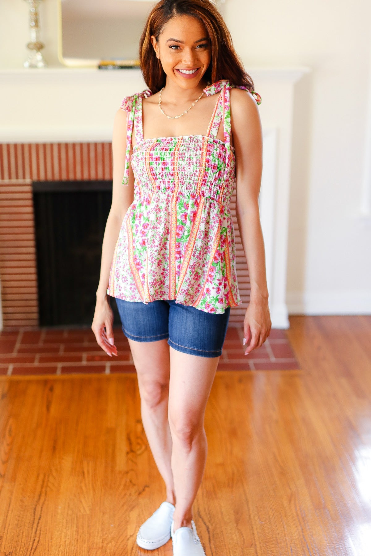 Haptics Summer Days Ivory & Fuchsia Floral Smocked Shoulder Tie Top 2024 Blow-Out Sale