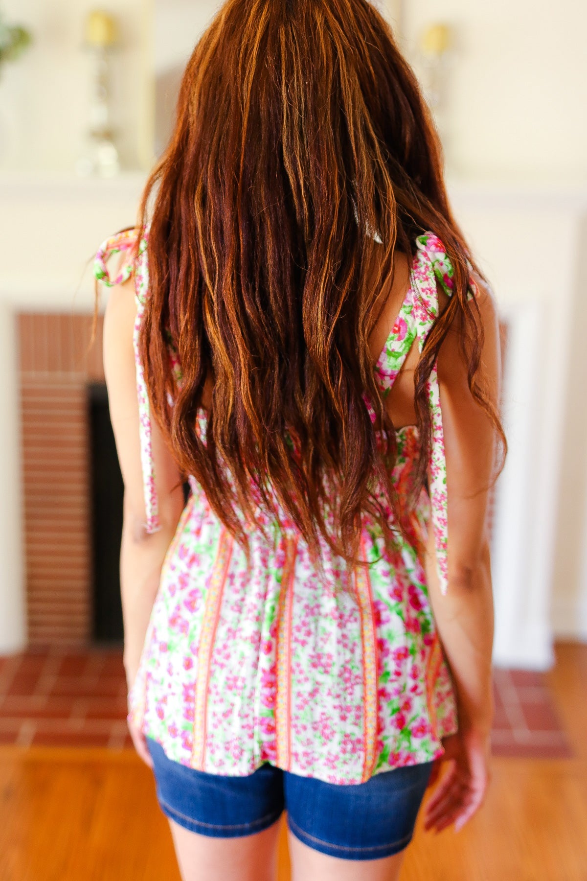 Haptics Summer Days Ivory & Fuchsia Floral Smocked Shoulder Tie Top 2024 Blow-Out Sale