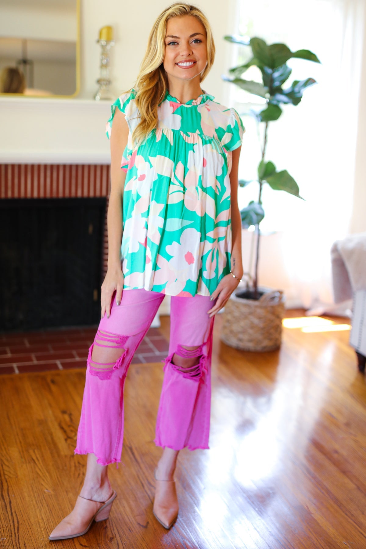 Haptics Feeling Joyful Aqua Floral Mock Neck Flutter Sleeve Top Final Sale 2024 Summer Blow Out Sale