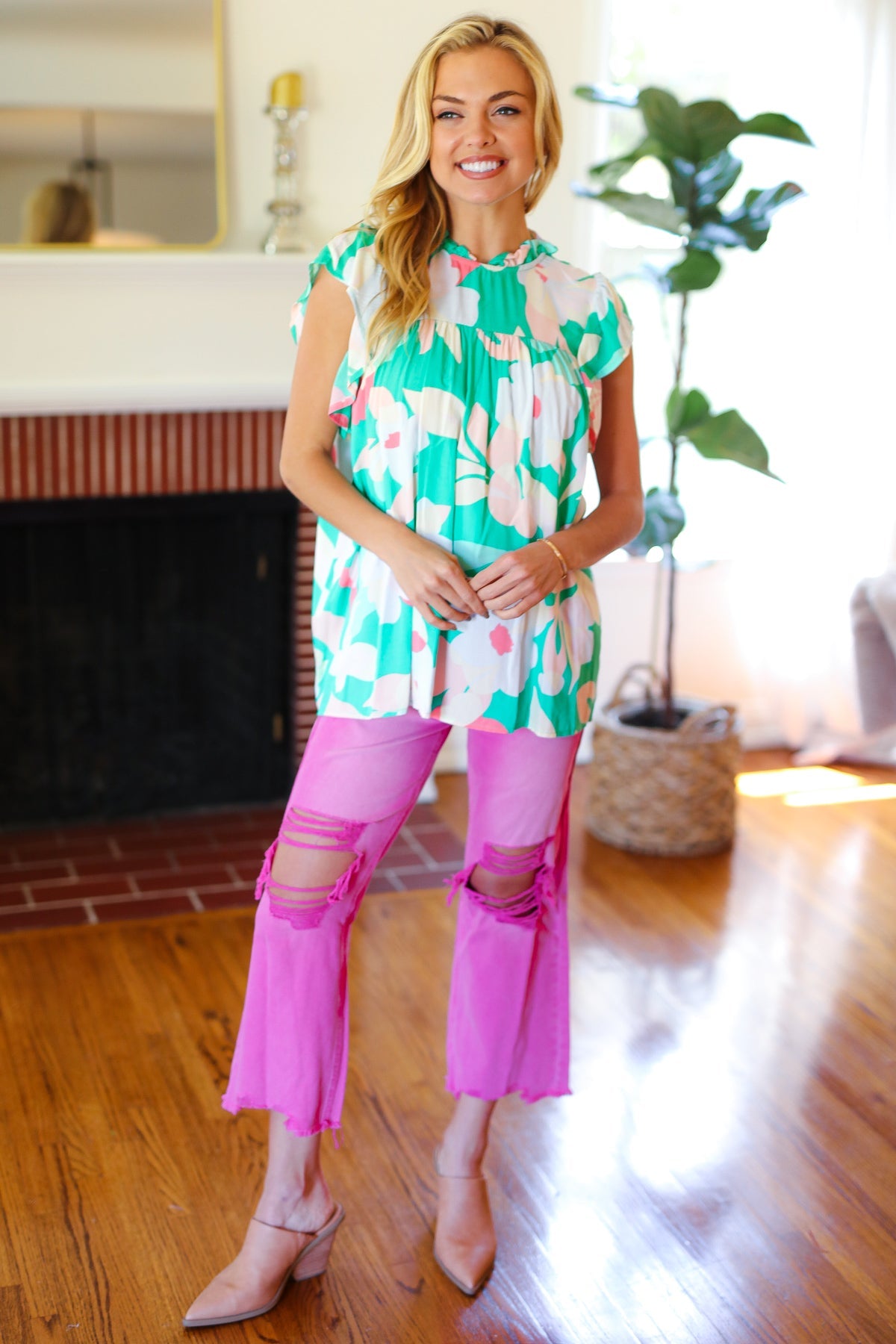 Haptics Feeling Joyful Aqua Floral Mock Neck Flutter Sleeve Top Final Sale 2024 Summer Blow Out Sale