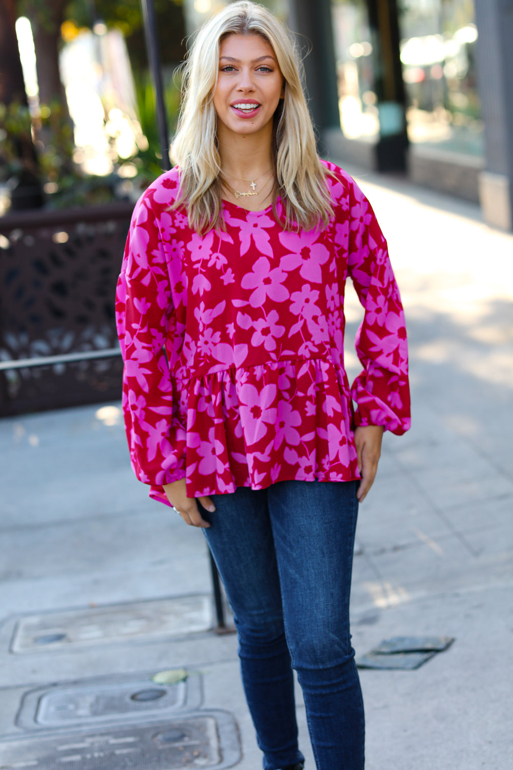 Haptics Red & Magenta Floral V Neck Woven Babydoll Top final sale