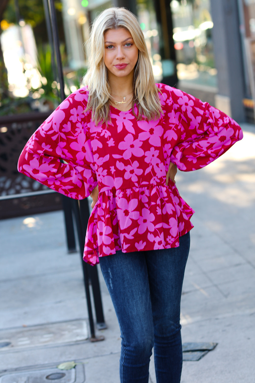 Haptics Red & Magenta Floral V Neck Woven Babydoll Top final sale