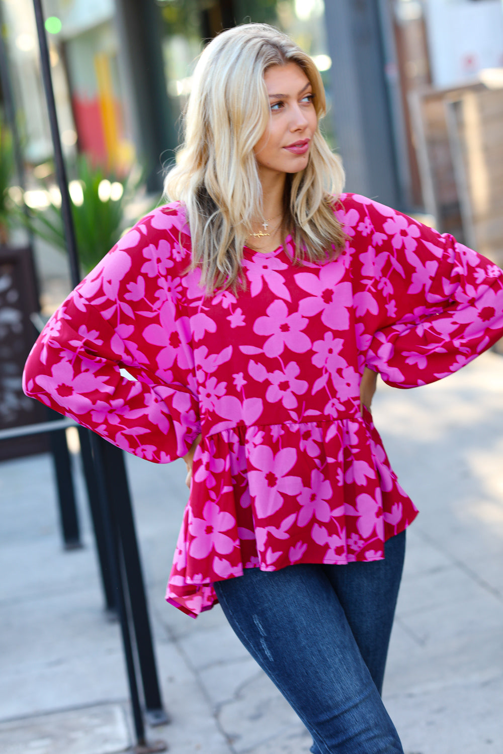 Haptics Red & Magenta Floral V Neck Woven Babydoll Top final sale