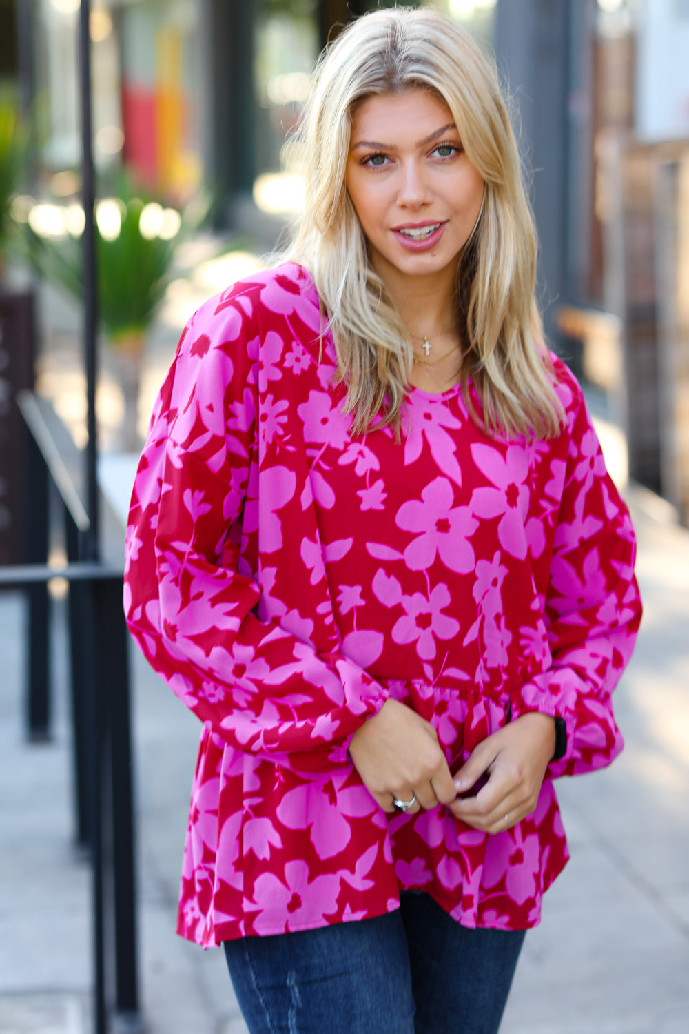 Haptics Red & Magenta Floral V Neck Woven Babydoll Top final sale