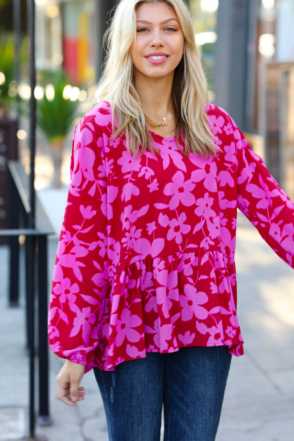 Haptics Red & Magenta Floral V Neck Woven Babydoll Top final sale