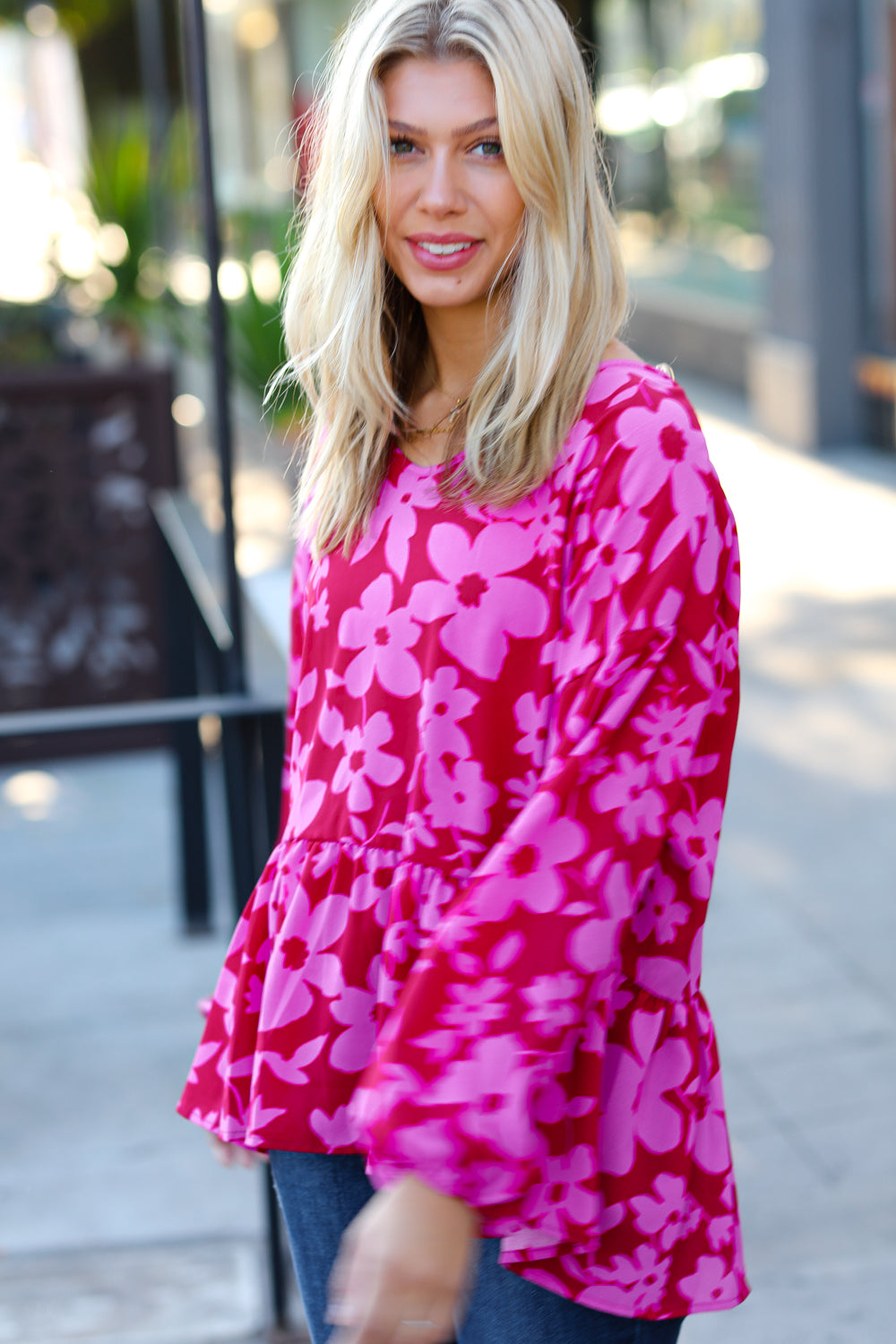 Haptics Red & Magenta Floral V Neck Woven Babydoll Top final sale