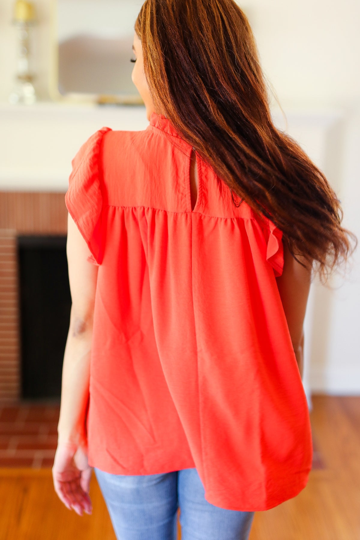 Haptics Red-Orange Mock Neck Flutter Sleeve Top Final Sale