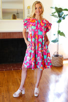 Haptics Look of Love Fuchsia Abstract Floral Print Smocked Ruffle Sleeve Dress