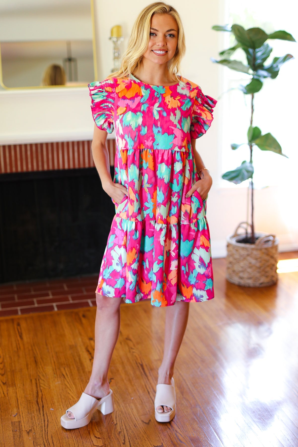 Haptics Look of Love Fuchsia Abstract Floral Print Smocked Ruffle Sleeve Dress