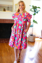 Haptics Look of Love Fuchsia Abstract Floral Print Smocked Ruffle Sleeve Dress