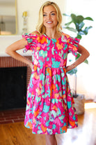 Haptics Look of Love Fuchsia Abstract Floral Print Smocked Ruffle Sleeve Dress