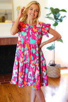Haptics Look of Love Fuchsia Abstract Floral Print Smocked Ruffle Sleeve Dress